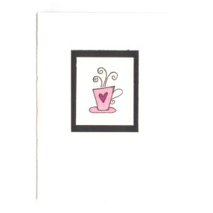 Svartvitt kort med rosa kaffekopp